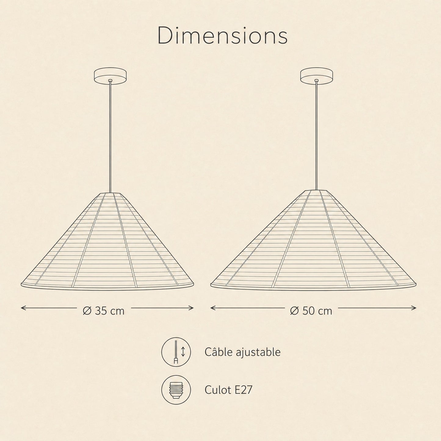 Dimensions du lustre papier de riz, O 35 et O 50 cm, culot E27 | Delvanie
