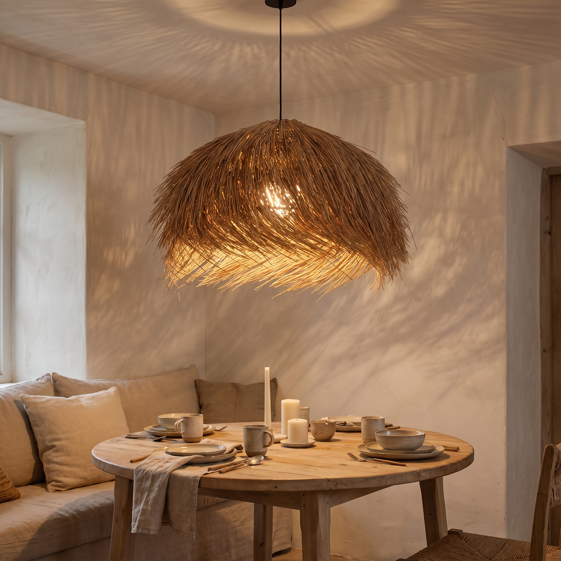 Lustre rotin wabi-sabi Wabéa, ambiance du soir salle à manger