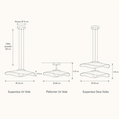 Schéma coté Namiyo : suspendue un voile Ø 43 cm, plafonnier un voile Ø 60 cm, suspendue deux voiles Ø 60 cm | Delvanie