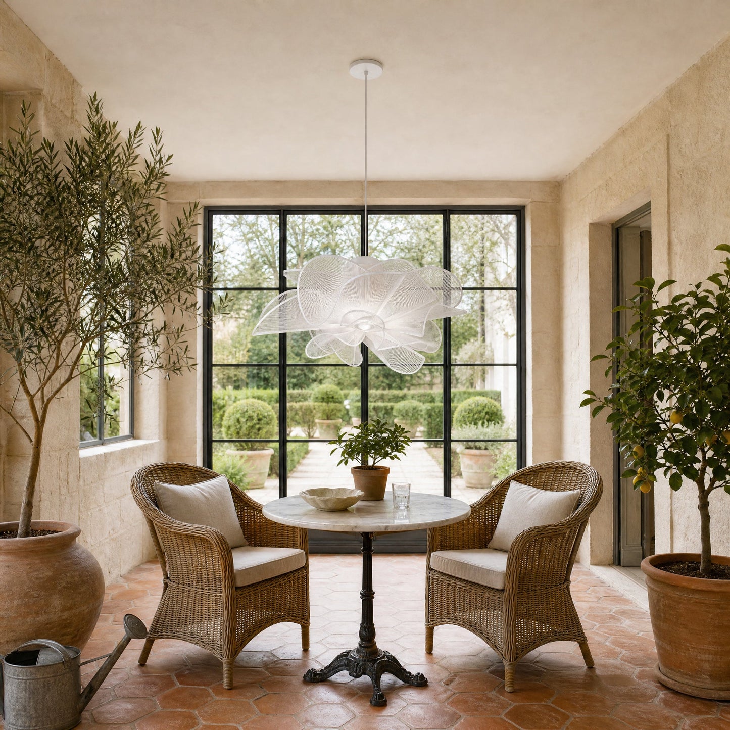 Suspension fleur blanche Blomyn au-dessus d'une table ronde dans un jardin d'hiver | Delvanie