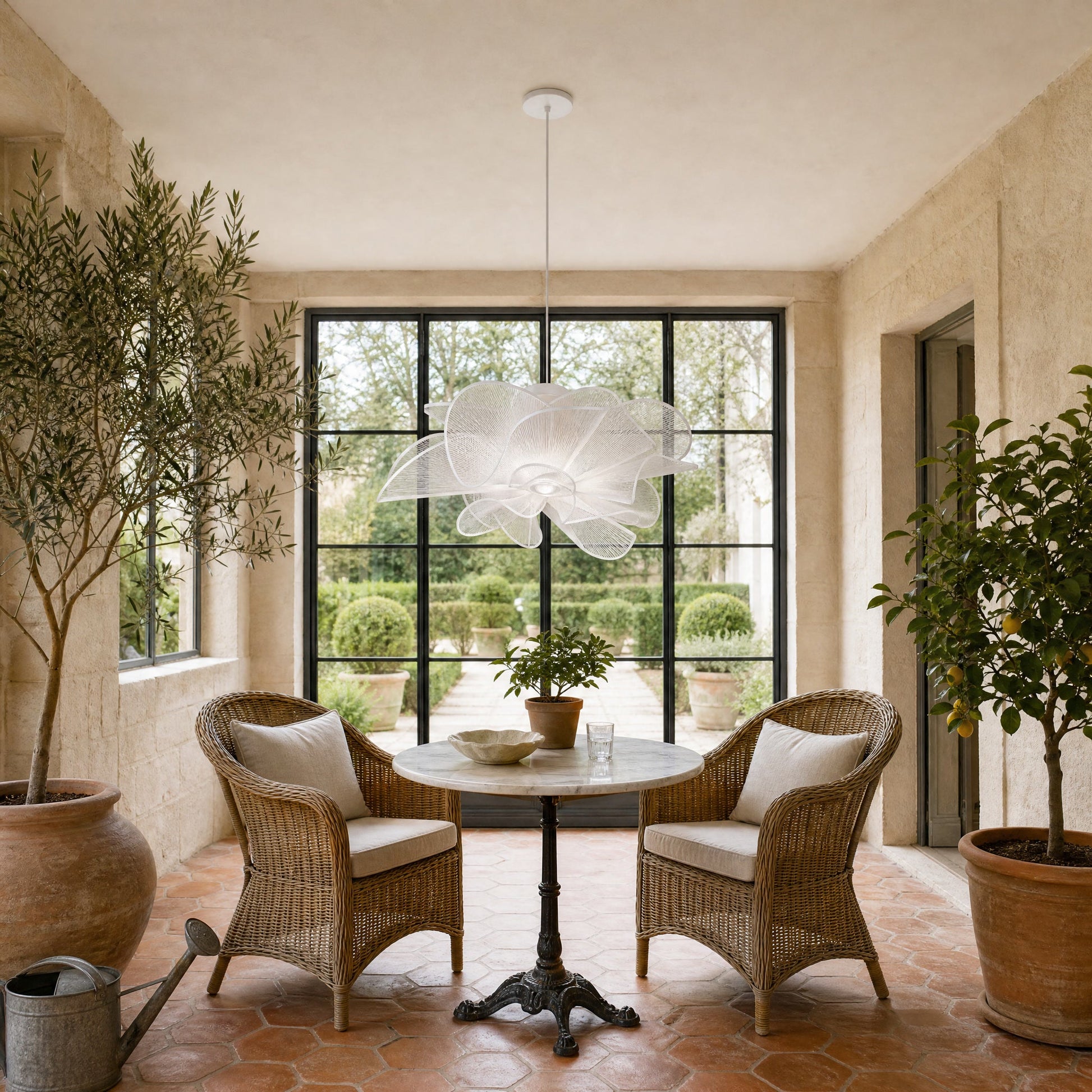 Suspension fleur blanche Blomyn au-dessus d'une table ronde dans un jardin d'hiver | Delvanie