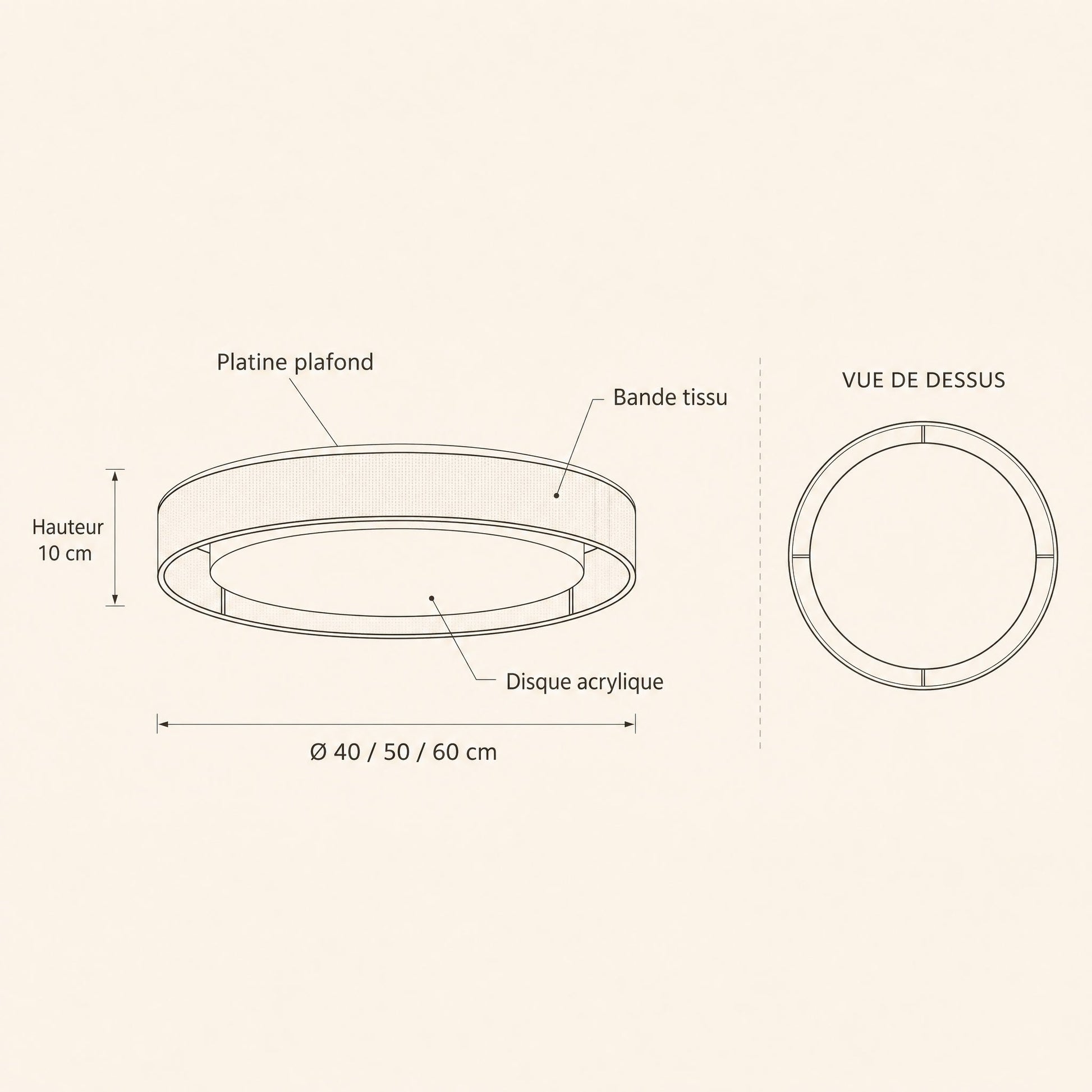 Schéma coté du plafonnier tissu Doucéa, Ø 40 50 60 cm, hauteur 10 cm | Delvanie