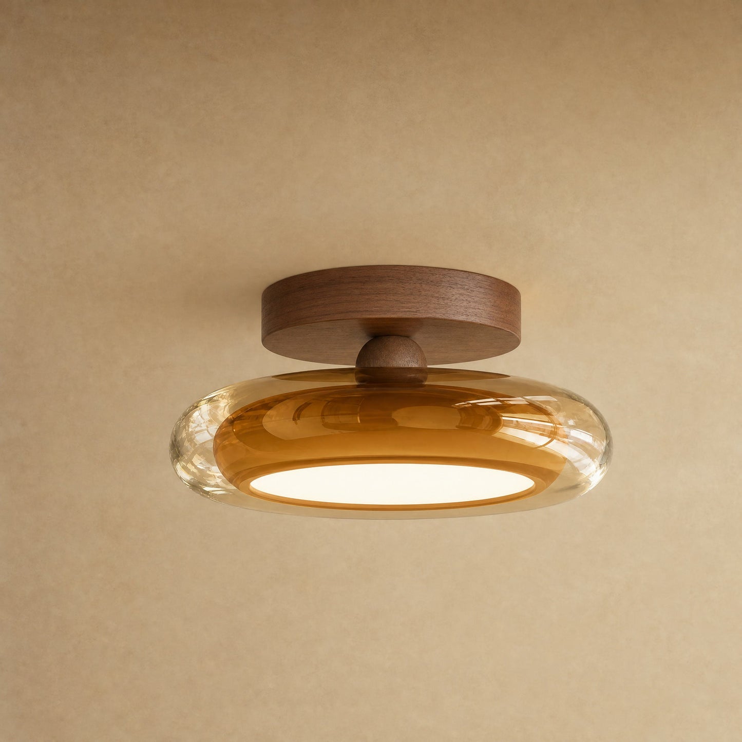 Plafonnier en verre ambré et platine effet noyer, galet Prismya | Delvanie