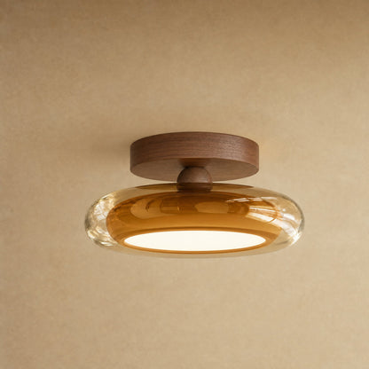 Plafonnier en verre ambré et platine effet noyer, galet Prismya | Delvanie
