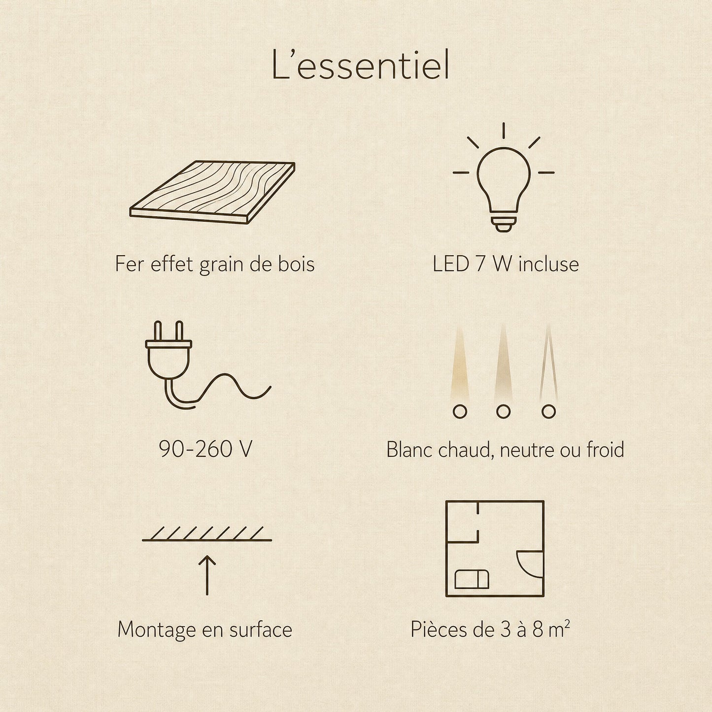 Caractéristiques du plafonnier vintage Nocelya : fer effet grain de bois, LED 7 W, 90-260 V | Delvanie