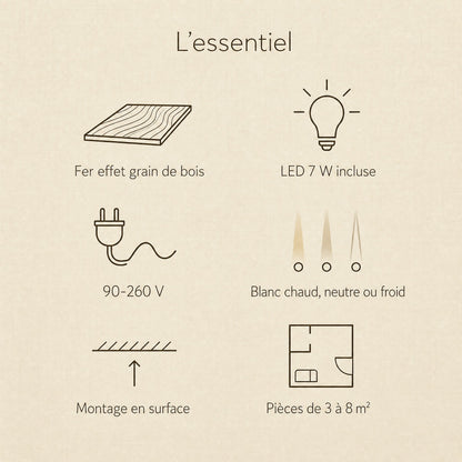 Caractéristiques du plafonnier vintage Nocelya : fer effet grain de bois, LED 7 W, 90-260 V | Delvanie