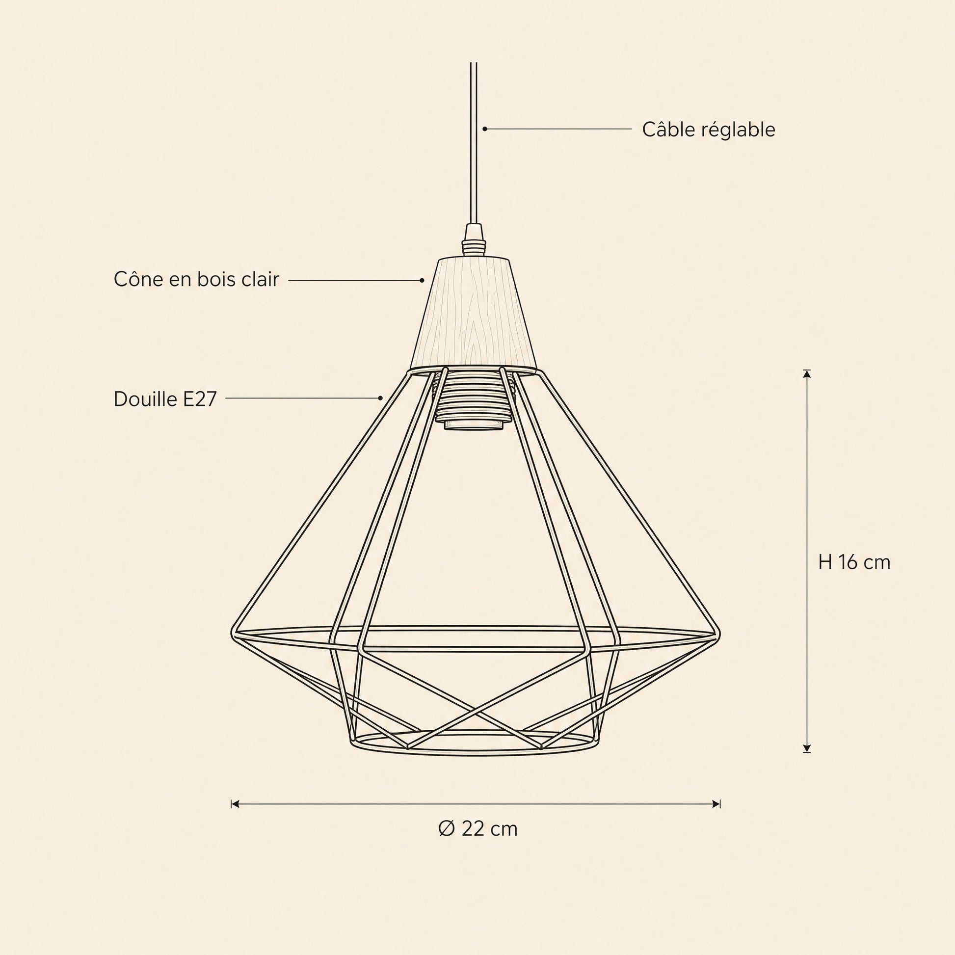 Dimensions de la suspension Sorenya : cage Ø 22 cm et H 16 cm, douille E27 | Delvanie