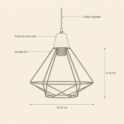 Dimensions de la suspension Sorenya : cage Ø 22 cm et H 16 cm, douille E27 | Delvanie