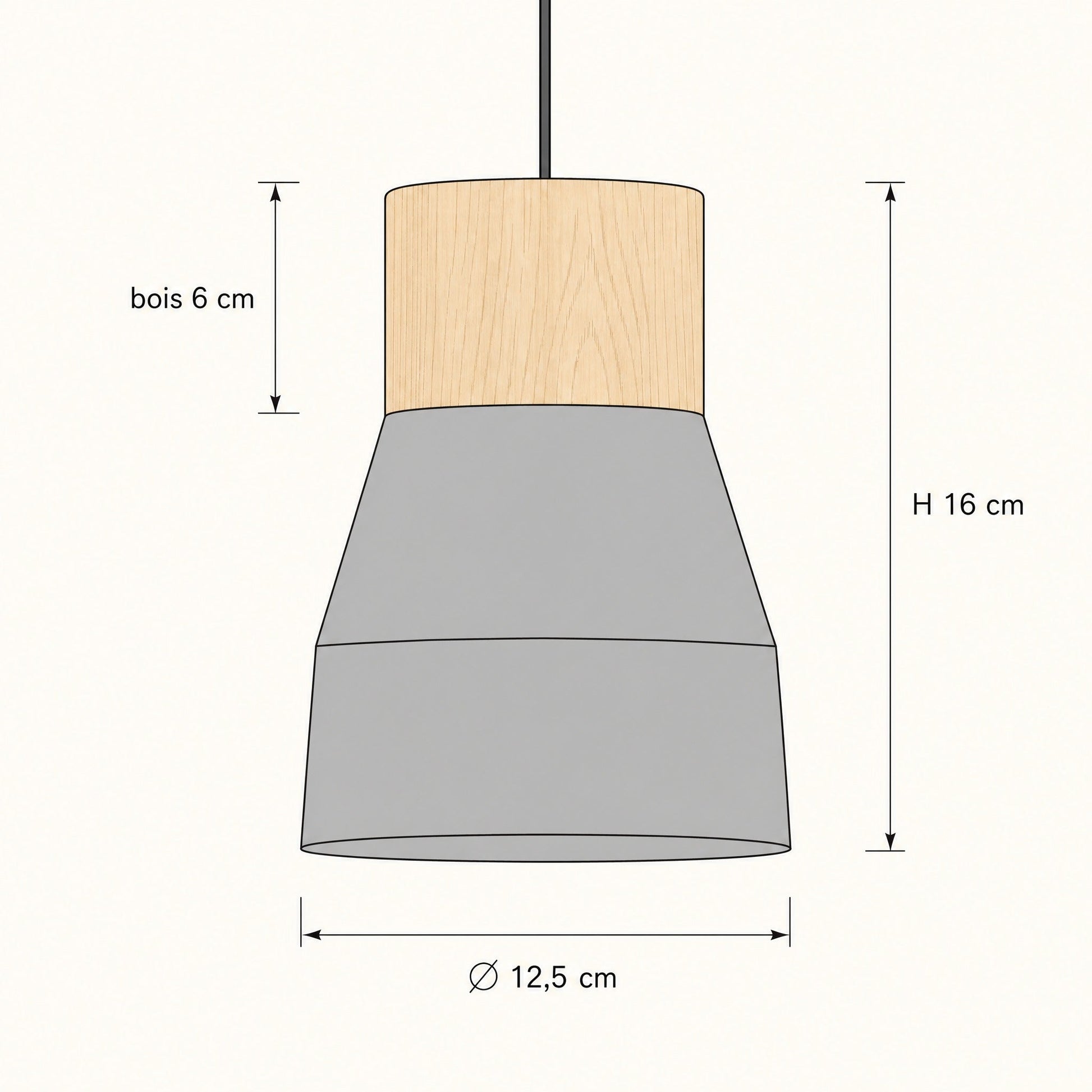 Schéma coté de la suspension béton, diamètre 12,5 cm et hauteur 16 cm | Delvanie