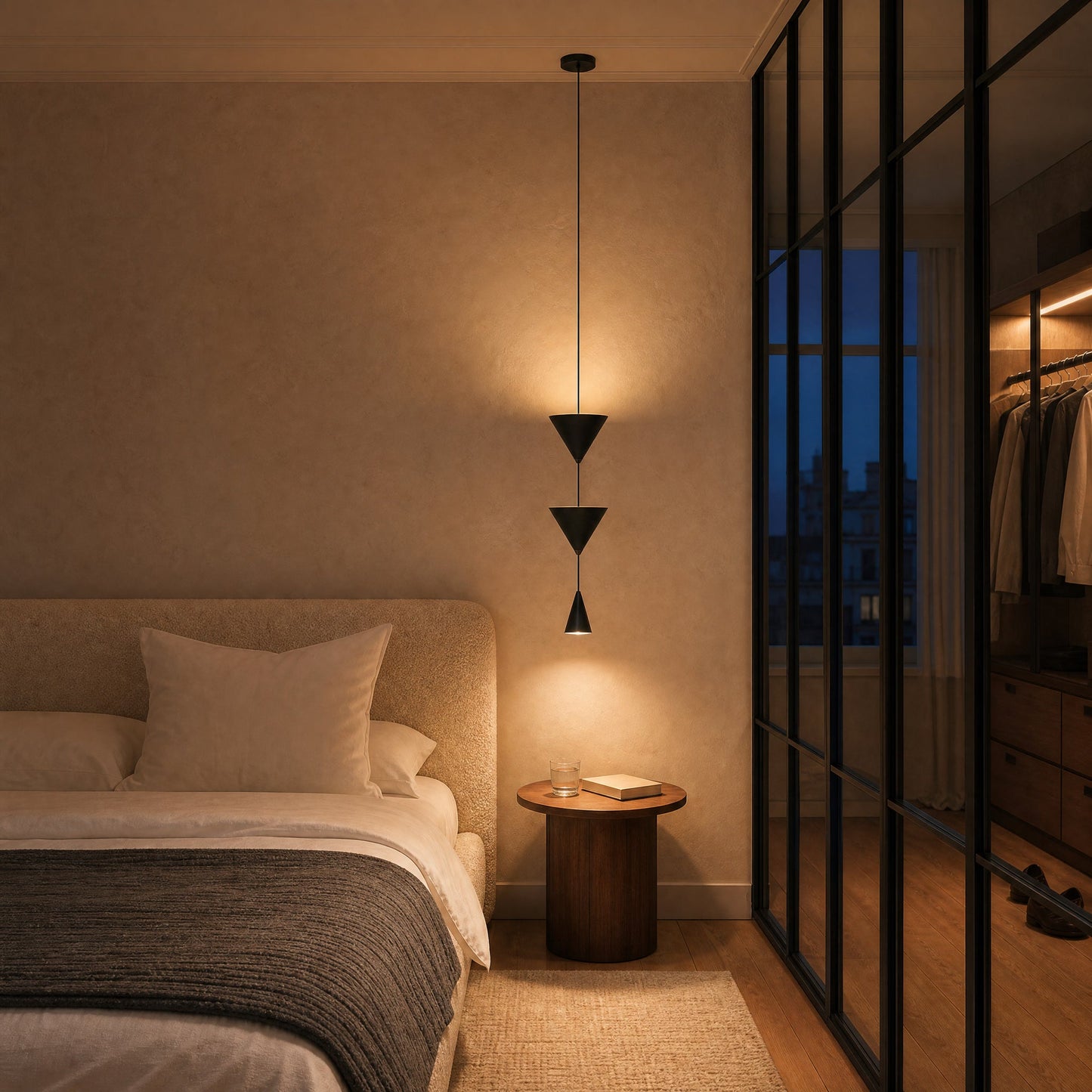Suspension chambre Konaya noire allumée au-dessus d'un chevet, chambre à verrière d'atelier au crépuscule | Delvanie