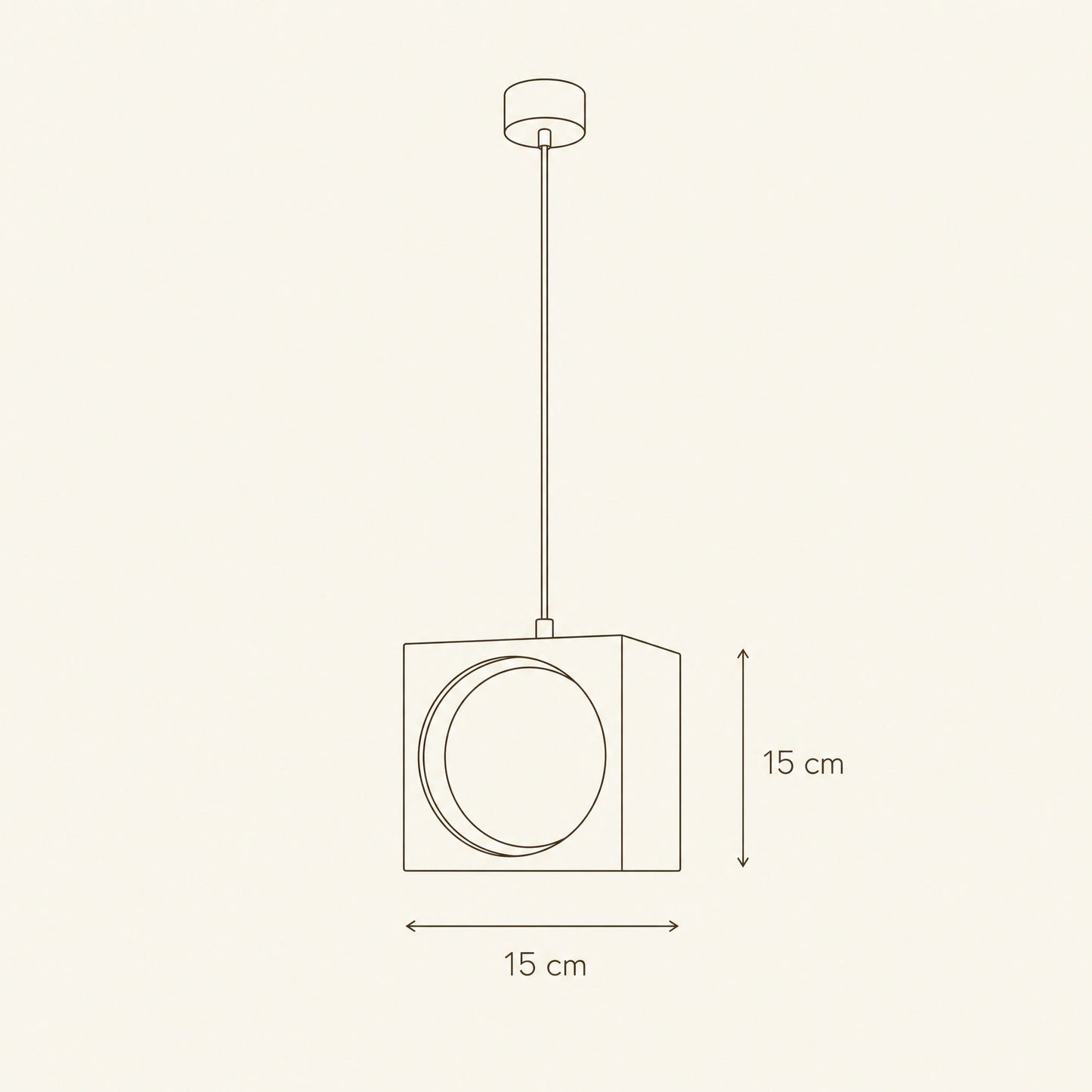 Schéma coté de la suspension colorée Asobya, cube de 15 cm | Delvanie