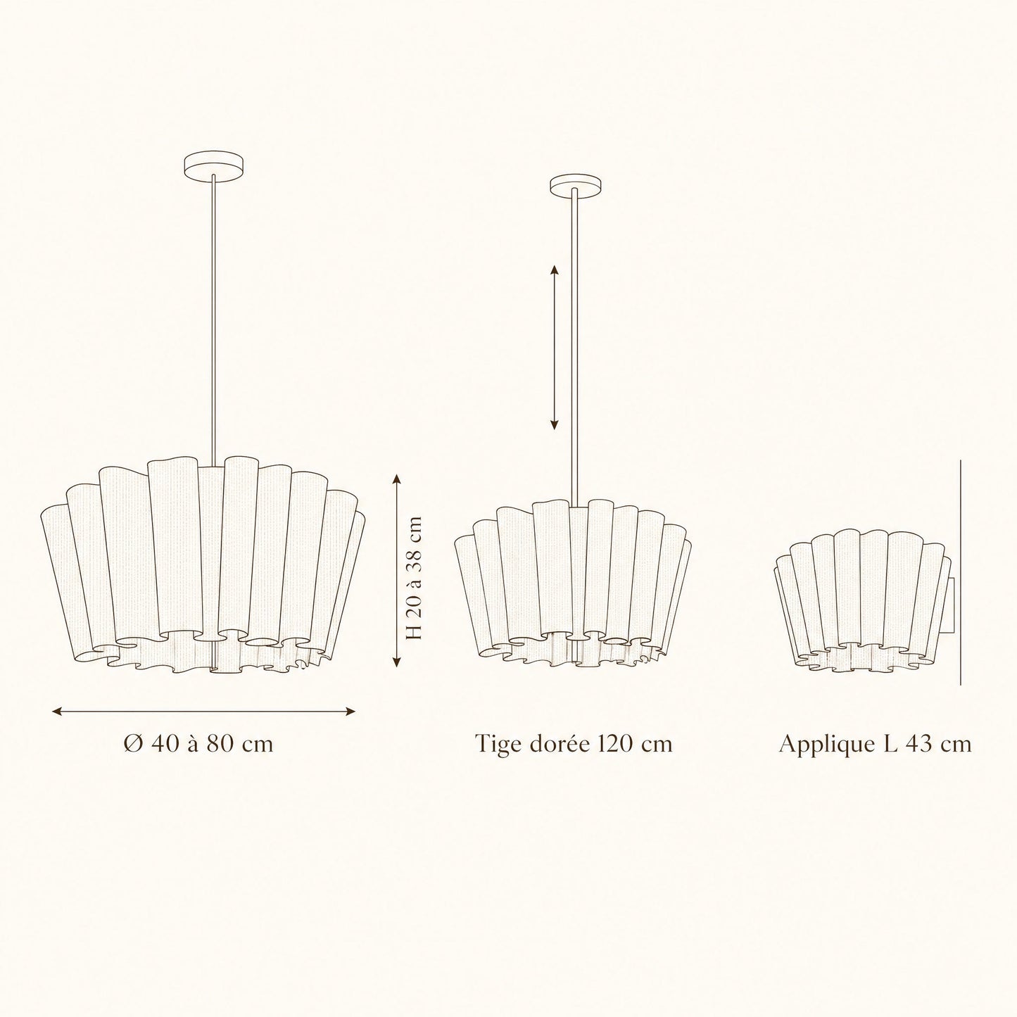 Schéma coté de la suspension en tissu Rinaya, Ø 40 à 80 cm, tige 120 cm, applique L 43 cm | Delvanie