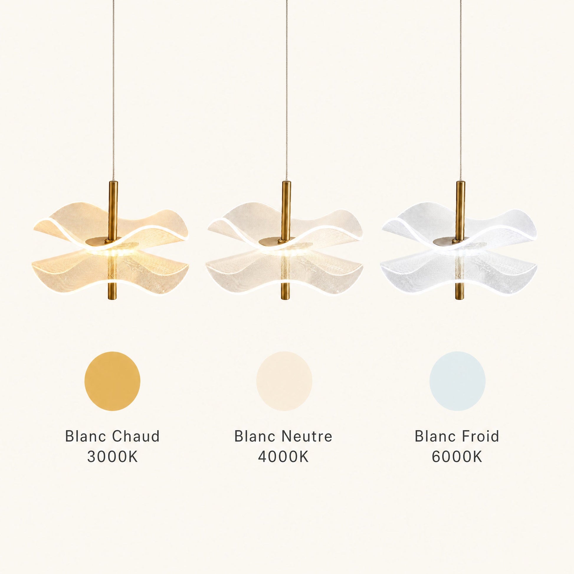 Les trois couleurs de lumière de la suspension fleur Ninfélis, blanc chaud 3000K, blanc neutre 4000K et blanc froid 6000K | Delvanie