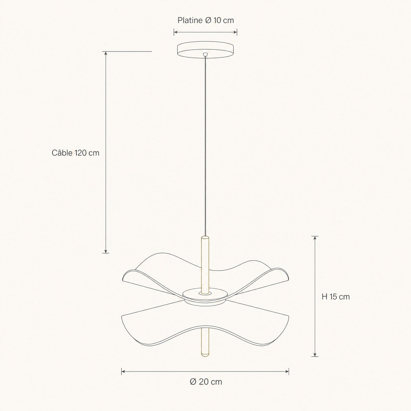 Schéma coté de la suspension fleur Ninfélis, abat-jour Ø 20 cm, hauteur 15 cm, platine Ø 10 cm, câble 120 cm | Delvanie