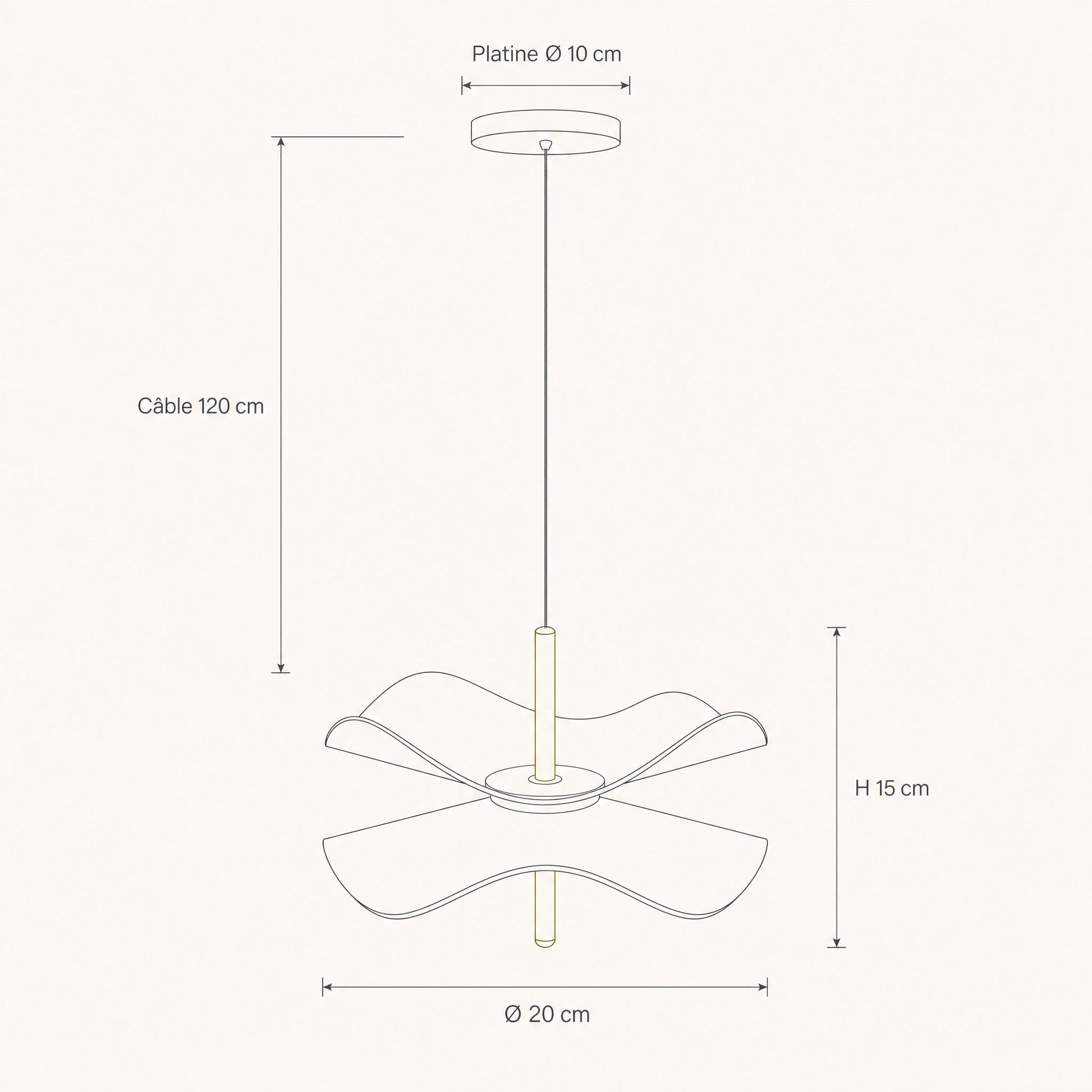 Schéma coté de la suspension fleur Ninfélis, abat-jour Ø 20 cm, hauteur 15 cm, platine Ø 10 cm, câble 120 cm | Delvanie