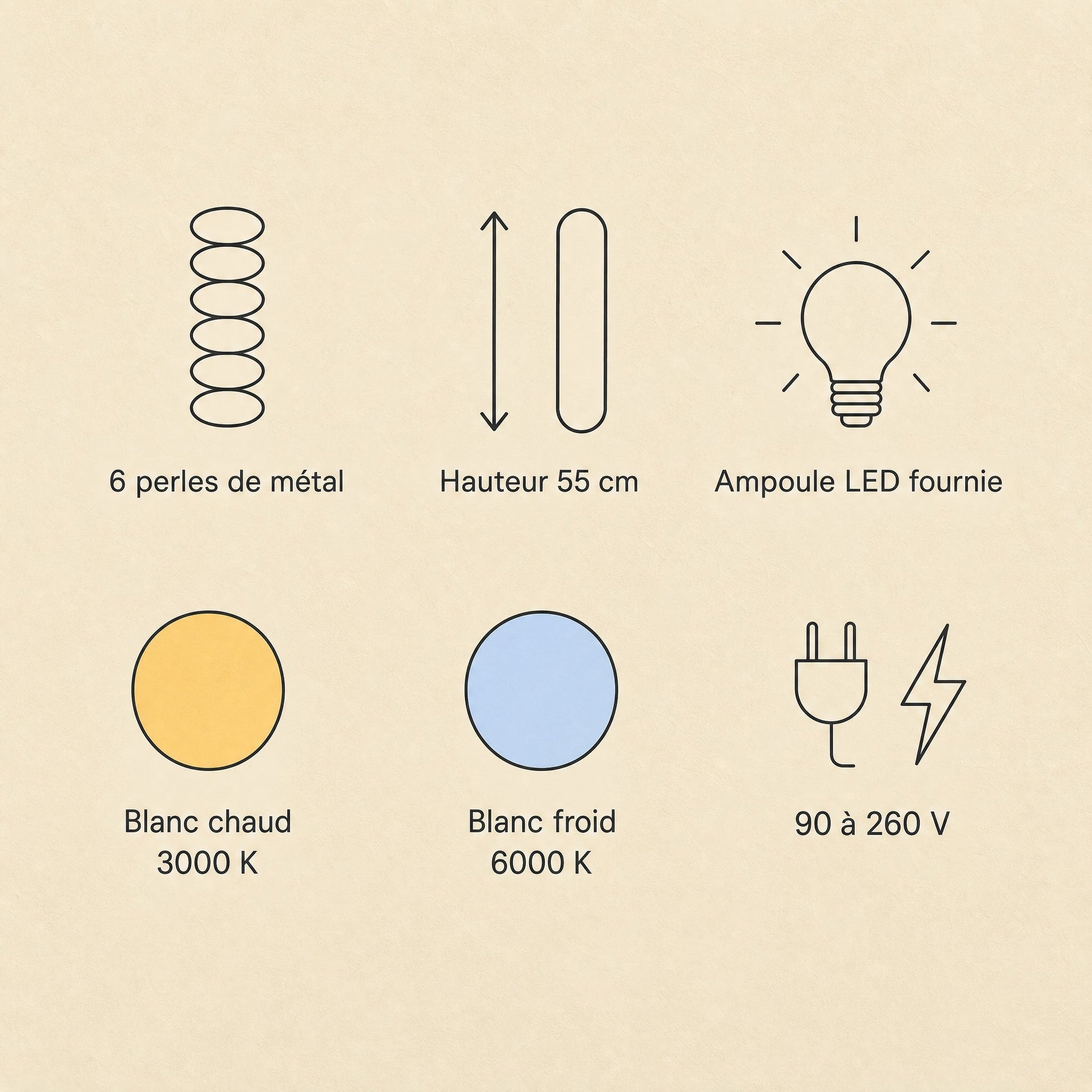 Caractéristiques de la suspension Tamayu, six perles de métal, ampoule LED fournie, blanc chaud 3000 K ou blanc froid 6000 K | Delvanie