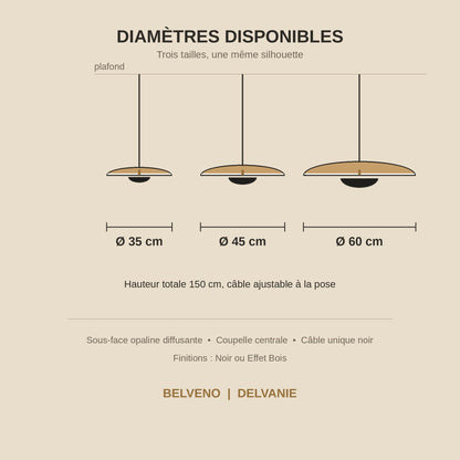 Schéma coté de la suspension, diamètres 35, 45 et 60 cm, hauteur totale 150 cm | Delvanie