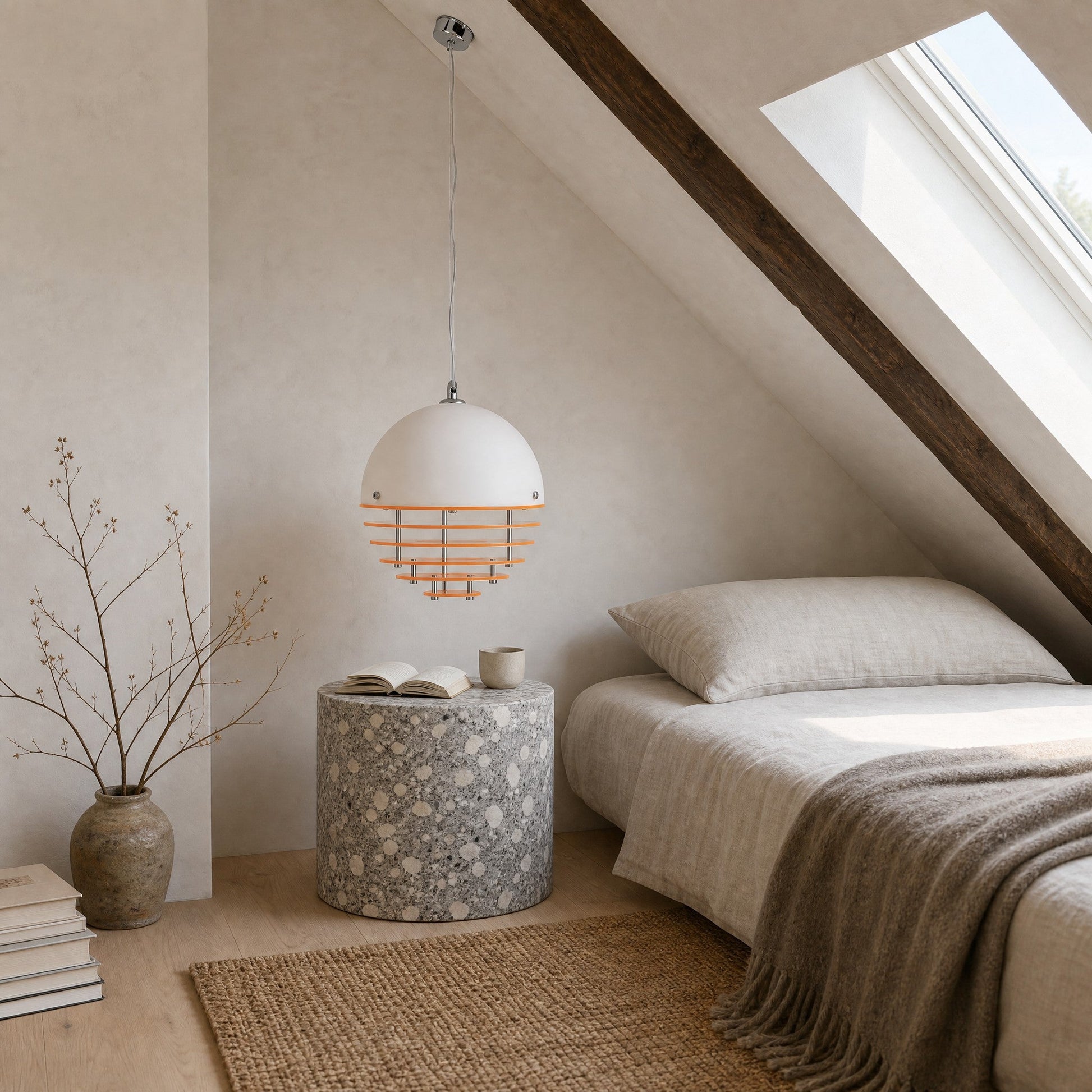 Suspension orange Ambrino en lampe de chevet dans une chambre sous rampant, table en granito | Delvanie