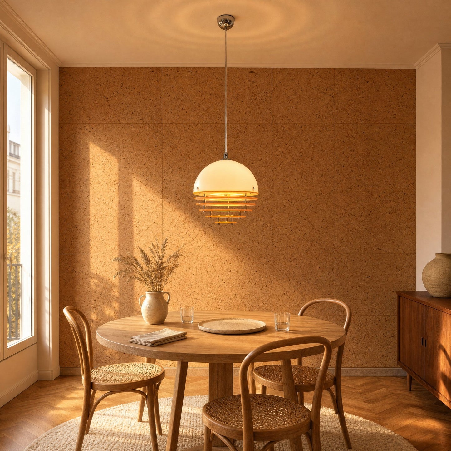 Suspension orange Ambrino allumée au-dessus d'une table ronde en chêne, mur de liège naturel | Delvanie