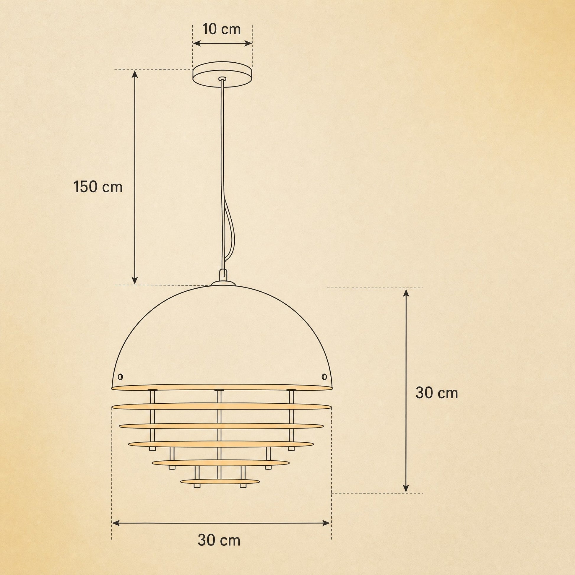 Schéma coté de la suspension orange Ambrino, Ø 30 cm, hauteur 30 cm, rosace 10 cm, cordon 150 cm | Delvanie