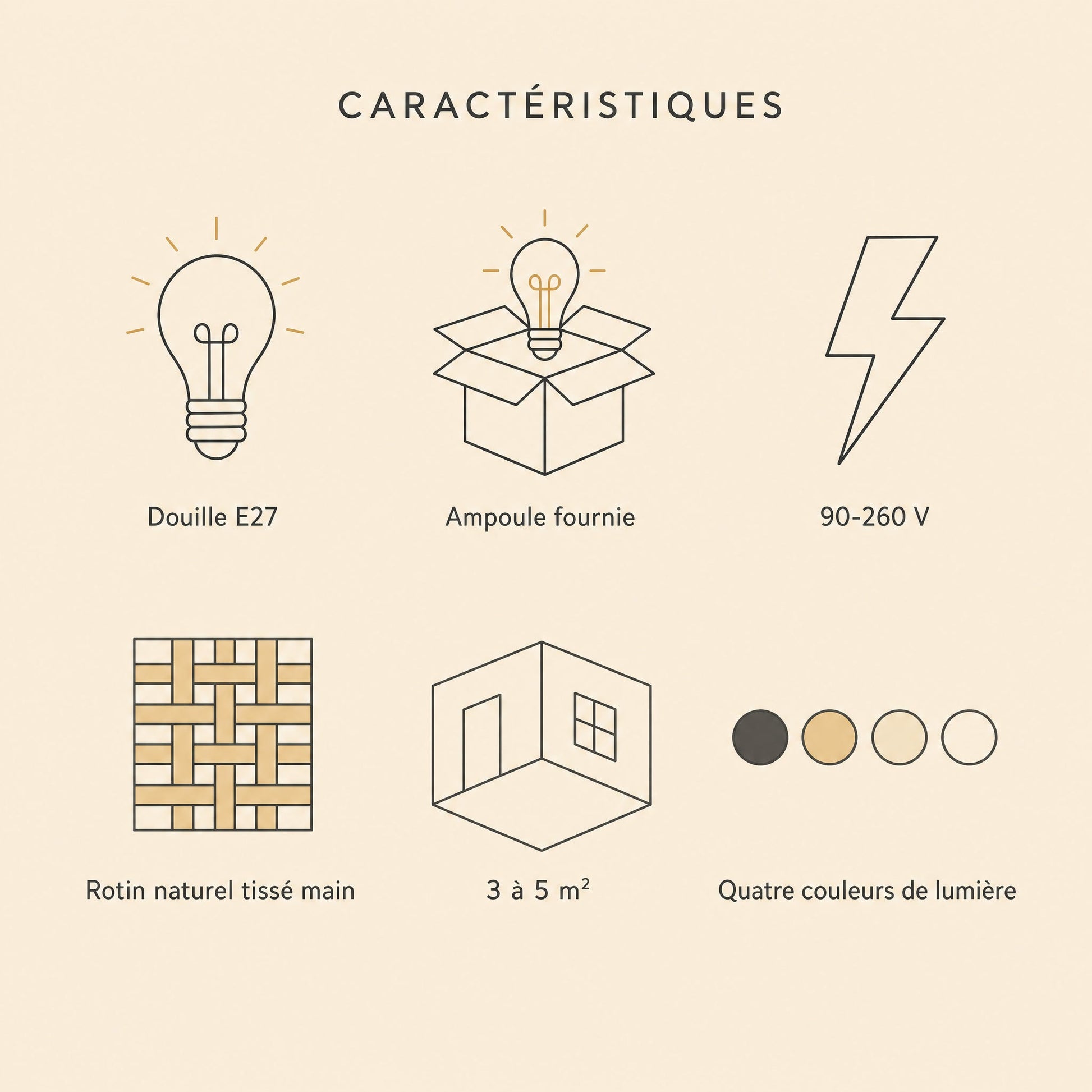 Caractéristiques de la suspension en osier Hanomi, douille E27 et ampoule fournie | Delvanie