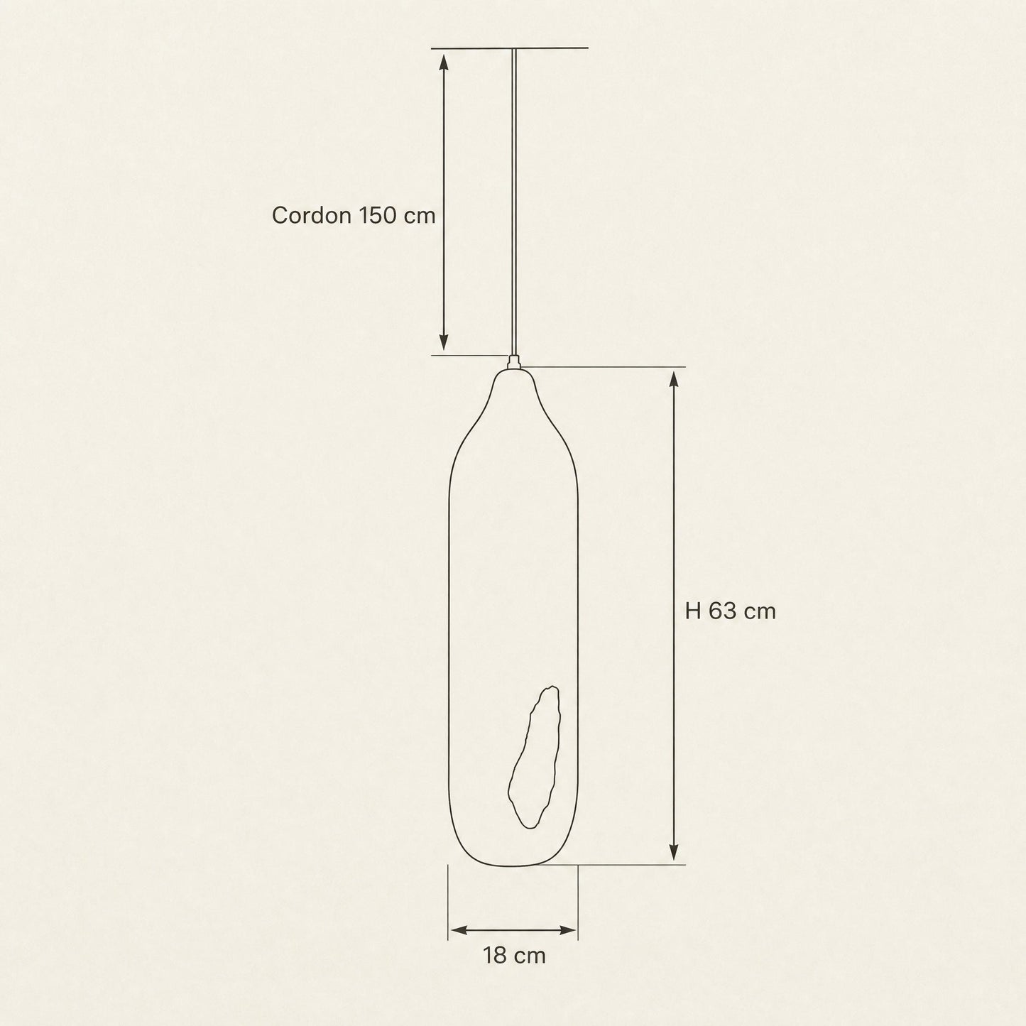 Schéma coté de la suspension Golenza, hauteur 63 cm, diamètre 18 cm, cordon 150 cm | Delvanie