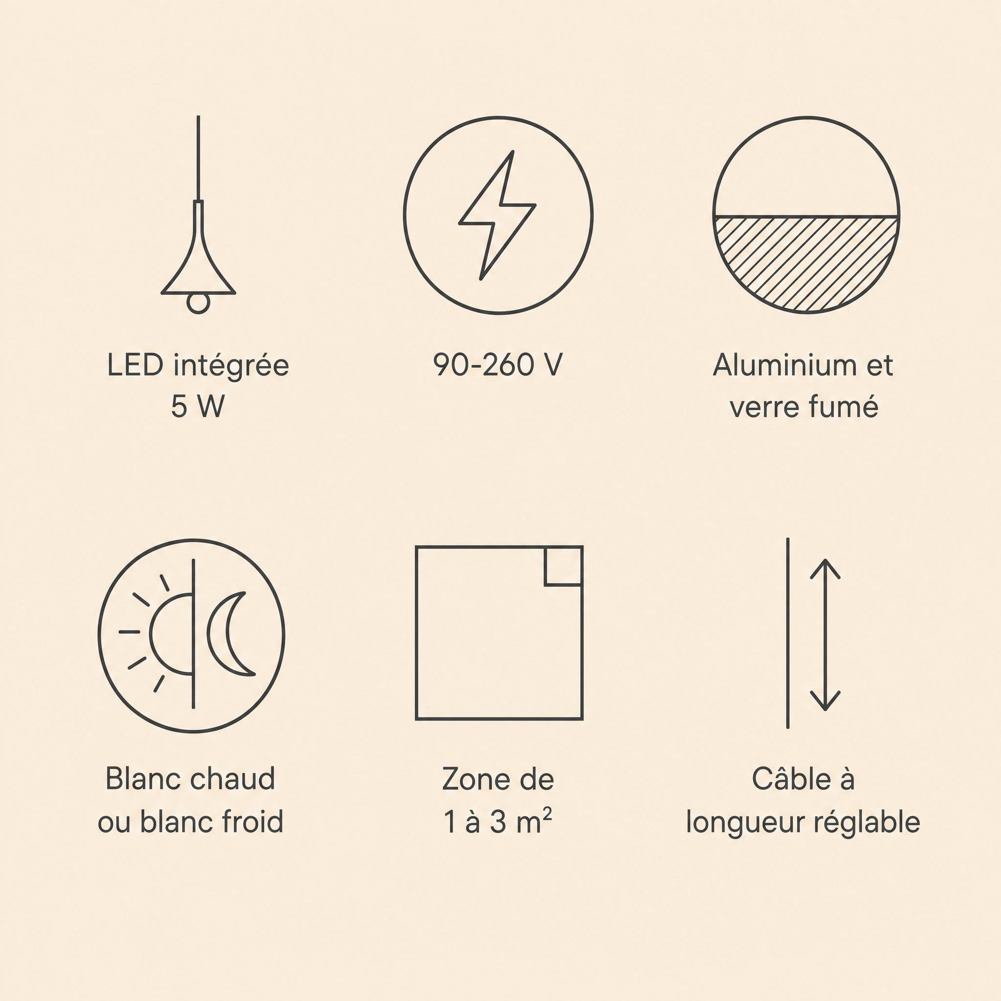 Caractéristiques de la suspension Cendrys, LED intégrée 5 W, 90-260 V, aluminium et verre fumé | Delvanie