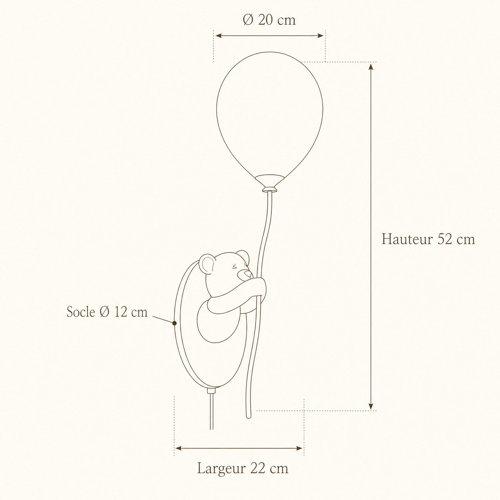 Schéma coté de l'applique ours ballon, hauteur 52 cm | Delvanie